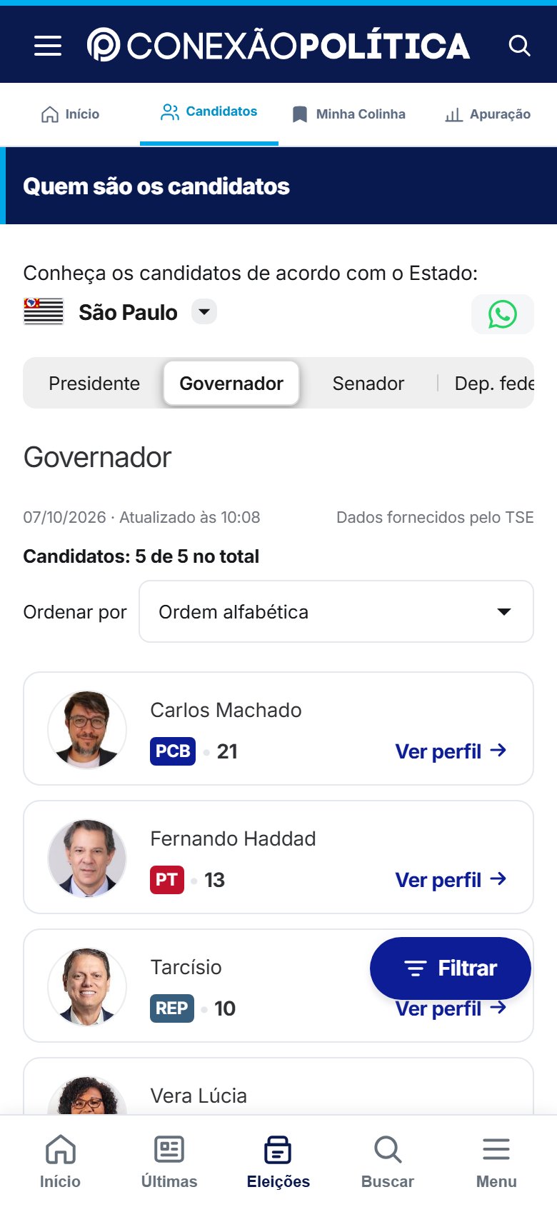 Perfis de candidatos no celular