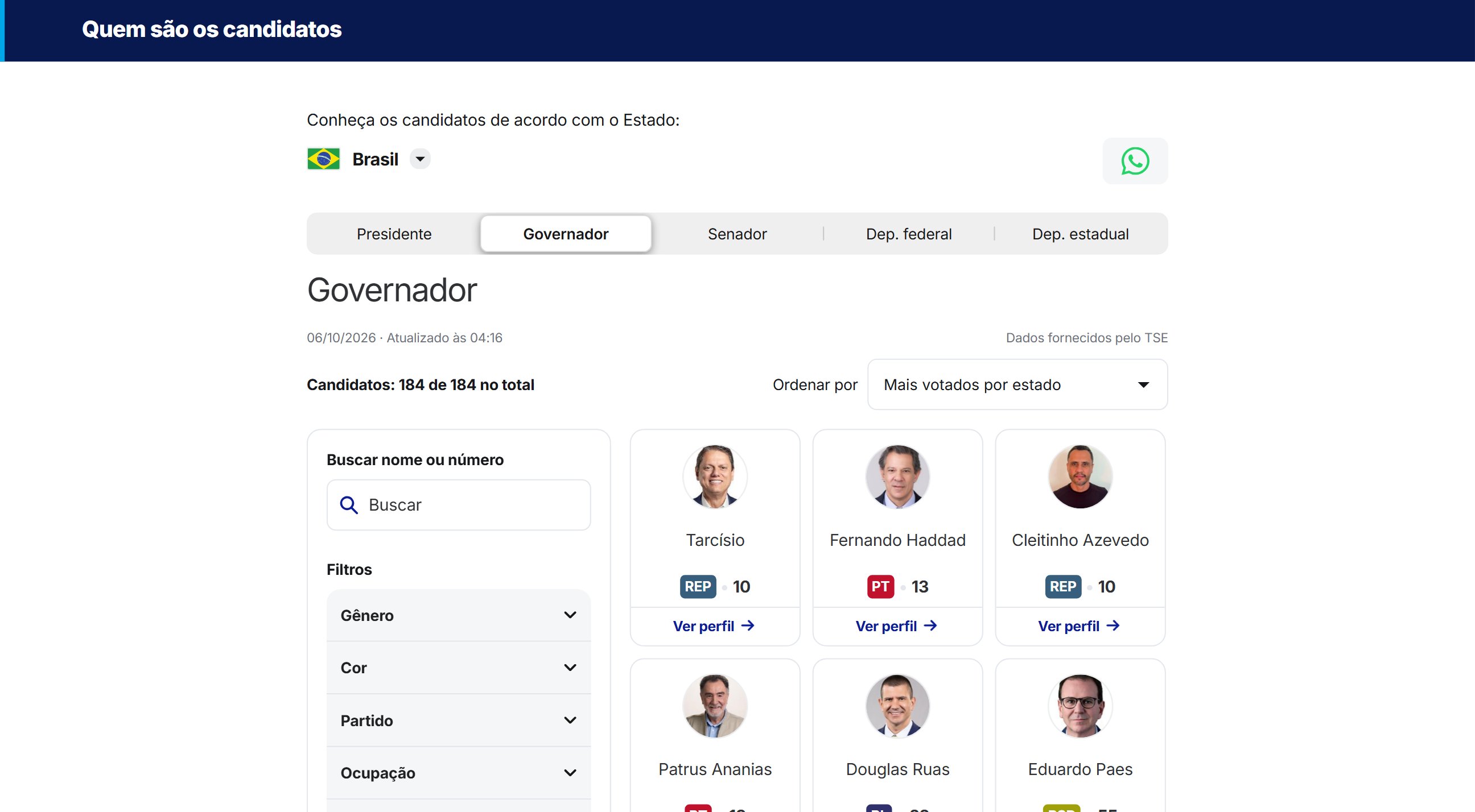 Página de candidatos do Conexão Política, com a busca por nome ou número, os filtros por gênero, cor, partido e ocupação, e a grade com foto, número e partido de cada candidato